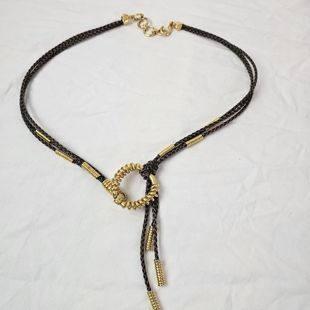 Vintage Women's Bolo Tie Hip Belt S/M Dark Brown Gold Leather Western Boho